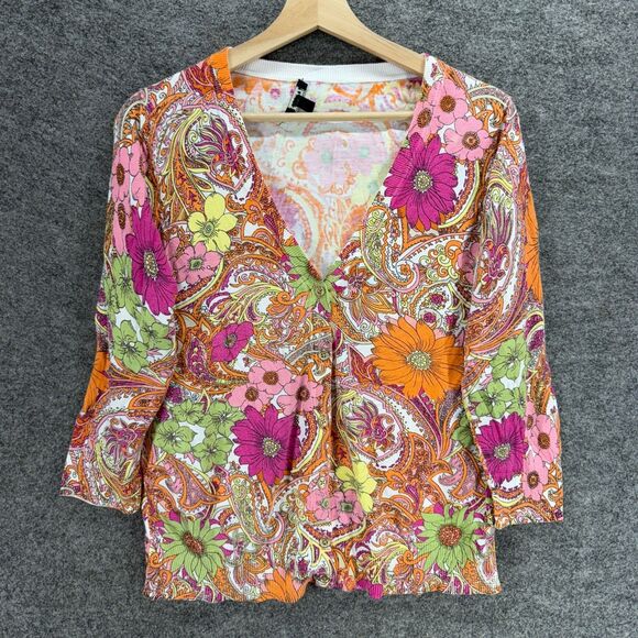 Talbots Sweaters - Talbots Cardigan Women M Medium Orange Floral V-Neck Long Sleeve Cotton Button
